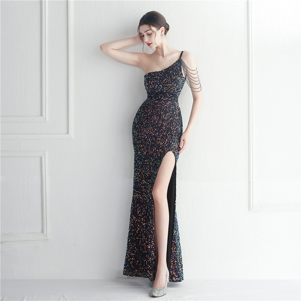 Beaded Craft Single Shoulder Suspender Sheath Split Leg Exposed Nightclub Evening Dress Dress