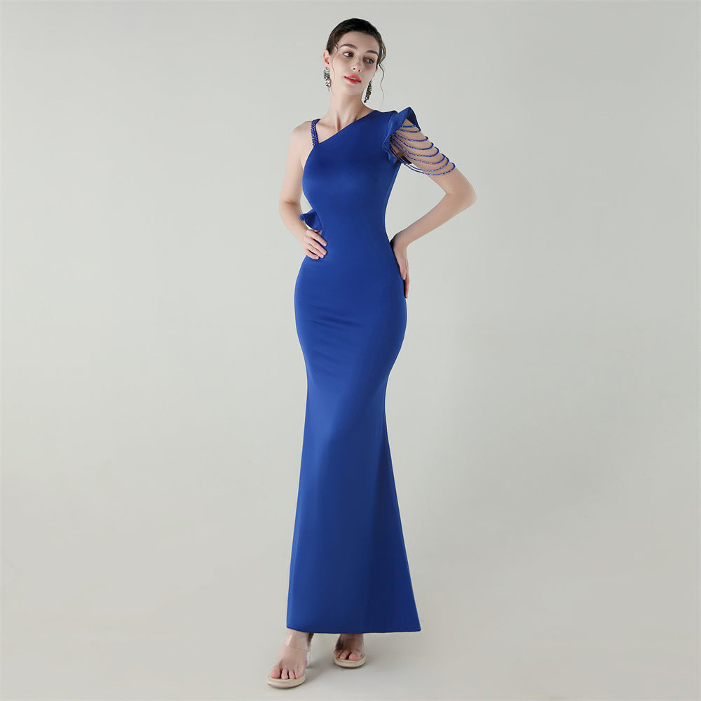 Satin Single Shouldered Beaded Fishtail Slim Fit Evening Dress Cocktail Wedding Cut out Ruffled Bottoming Dress