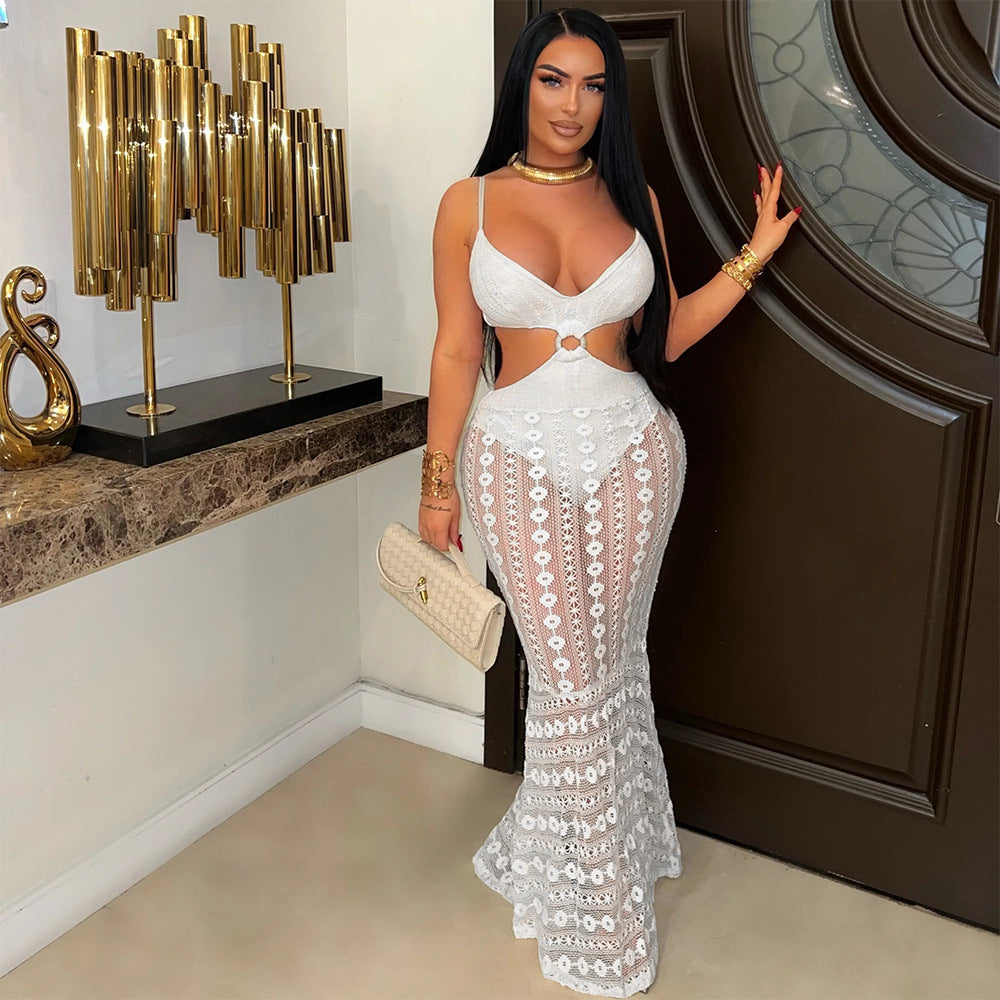 Chic V neck Brace Lace See through Sheath Dress Cropped Outfit Maxi Dress