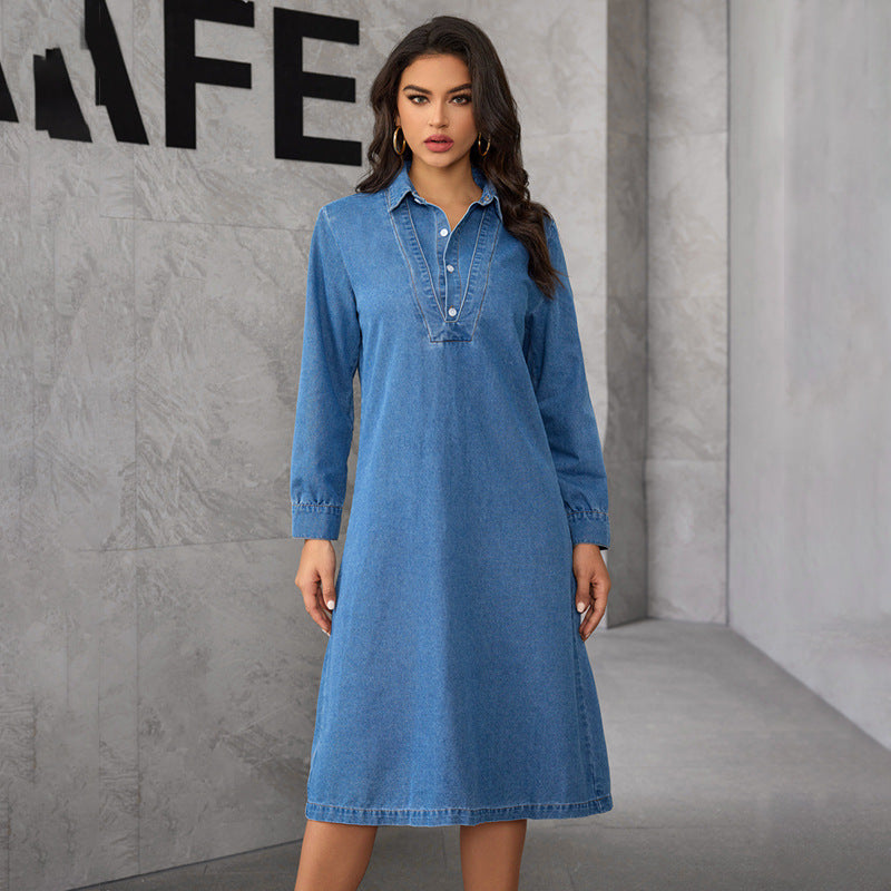 Chinese StCollar Graceful Graceful Retro Long Sleeve Denim Midi Dress