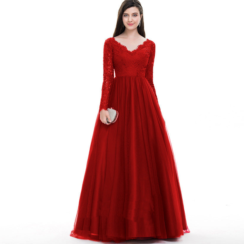 Women Mesh Lace Long Long-Sleeved Wedding Bridal Gown Dress Evening Maxi Dress