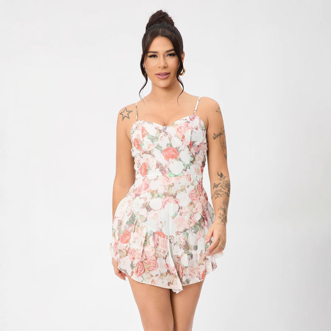 Flower Adjustable Shoulder Strap Ruffled Hem Mini Dress