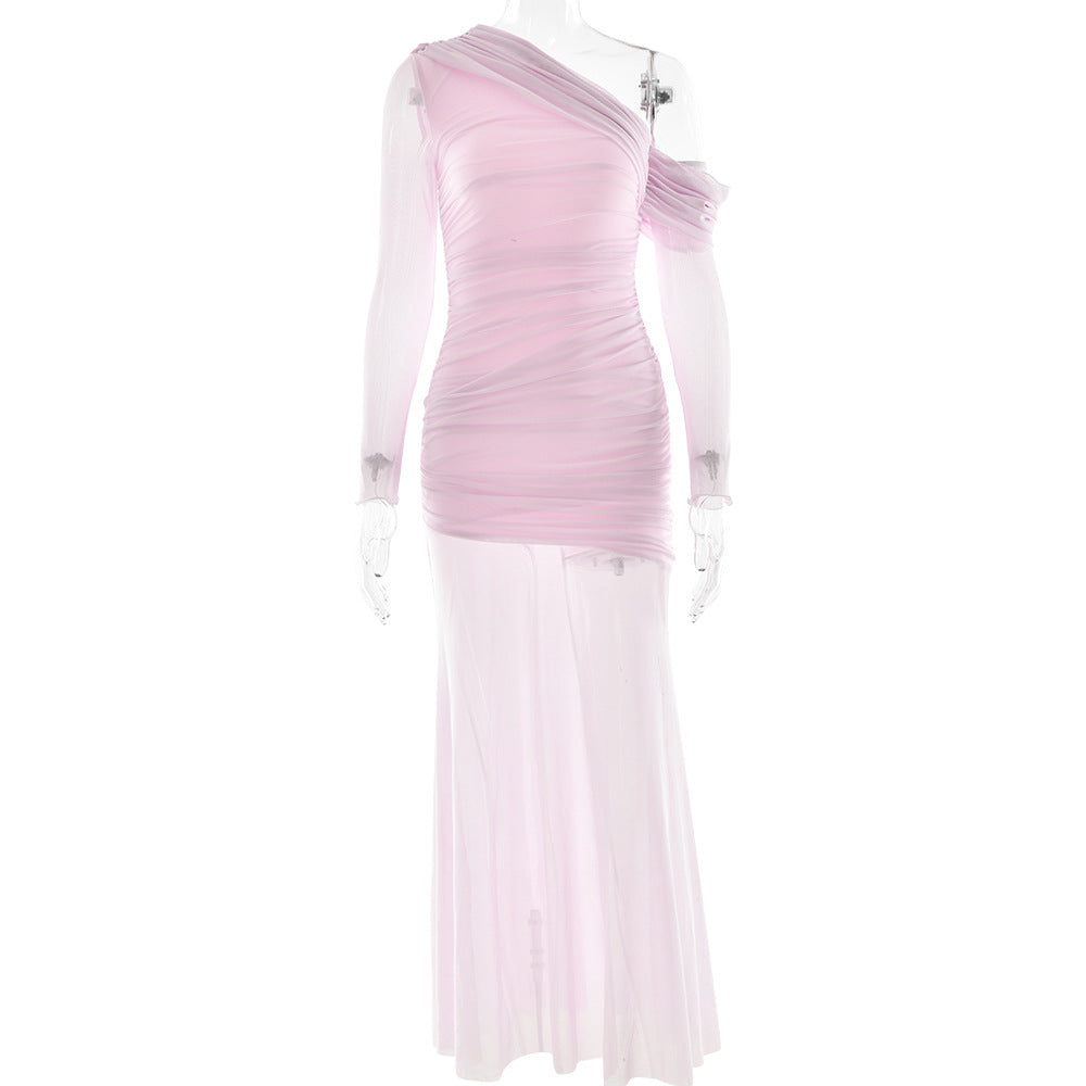 Women Dress Mesh Stitching Pleated Solid Color Long Sleeved Slim Fit Maxi Dress