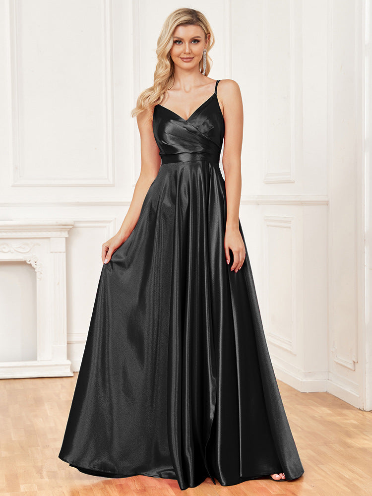 Chic Sling Silk Dress Backless Blue Maxi Dress Bridesmaid Evening Dress Women