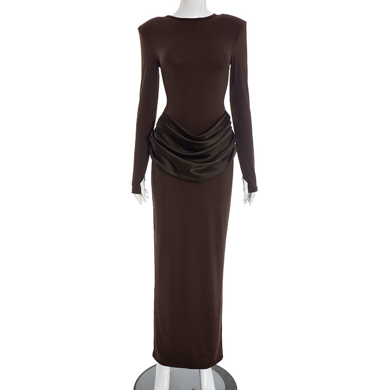Women Clothing Autumn Winter Refined Lady Slim Fit Long Sleeve Pleated Sheath Maxi Dress