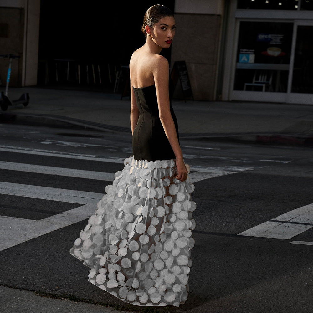 Spring Summer Black White Tube Top Dress Three Dimensional Flower Pettiskirt Dinner Wedding Dress Host Dress