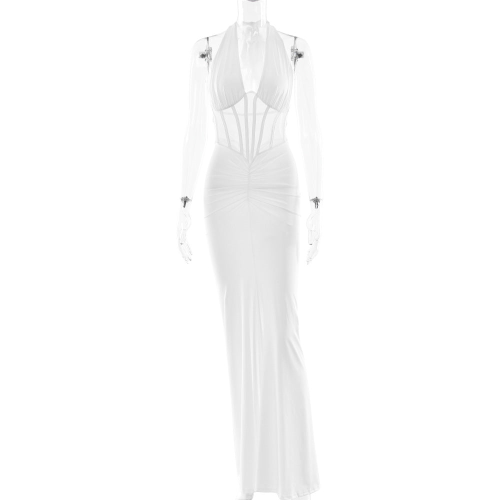 Refined Women Lace up Maxi Dress Sexy Backless Pleated Sheath Dress