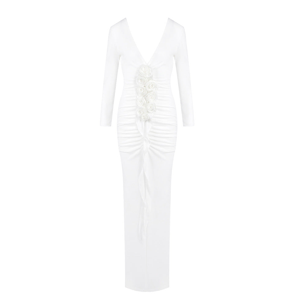 Women Spring Summer V neck Three Dimensional Flower Wedding Dress Draping Pleated Maxi Dress Senior Evening Dress