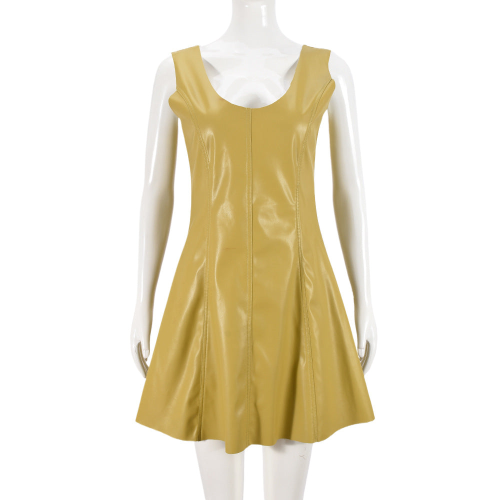 Leather Faux U Collar Sleeveless Patchwork Personality Dress
