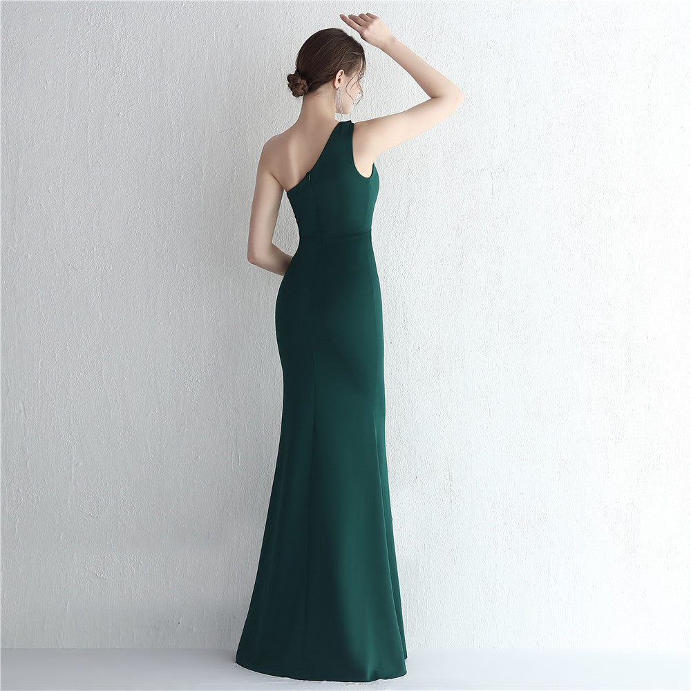 Satin Slim Fit One Shoulder Extended Debutante Gala Dinner Slimming Fishtail Wedding Car Model Exhibition Dress