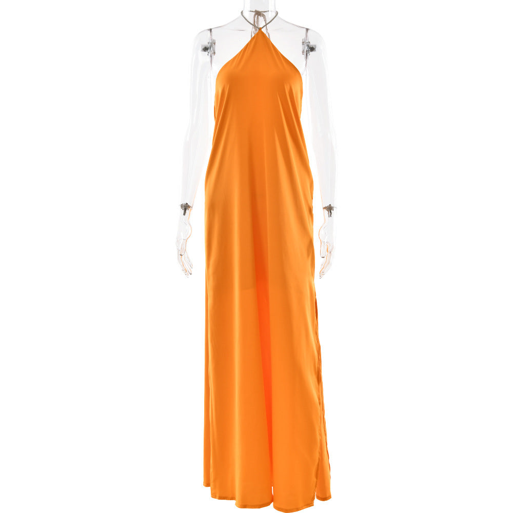 Arrival Advanced Satin Halter Dress Chic Backless Solid Color Split Slim Fit Maxi Dress