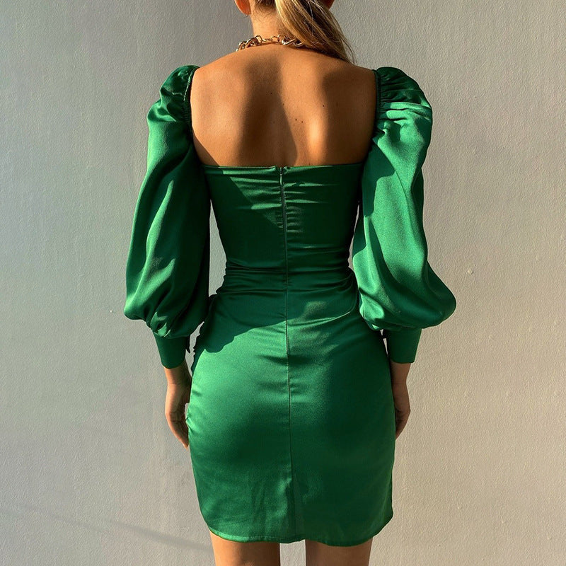 Satin Elyssa Ruffle Mini Dress Emerald