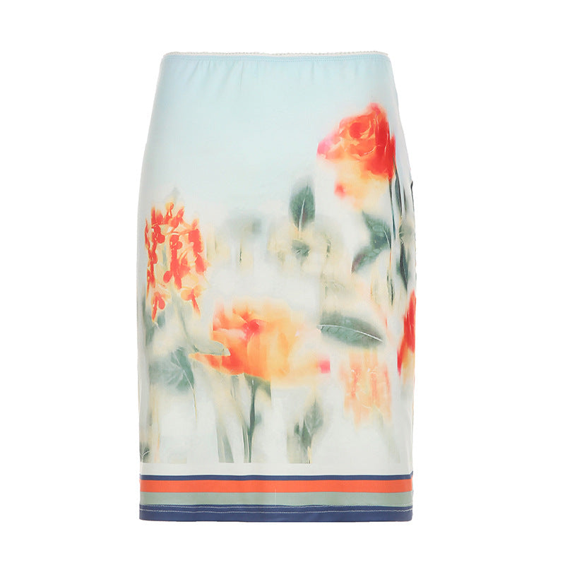 Skirt Vacation Two Piece Retro Sunset Tie Dye Printed Tube Top Dress Sling Mid Length Skirt Set