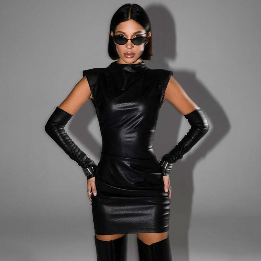 Hipster Street Faux Leather StCollar Sleeveless Oversleeve Sheath Pleated Dress