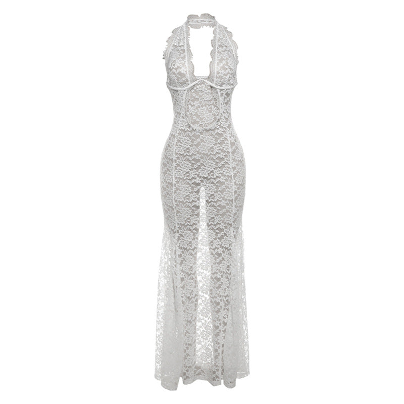 Refined Lace Hollow Out Cutout out Halter Maxi Dress Backless Solid Color Dress
