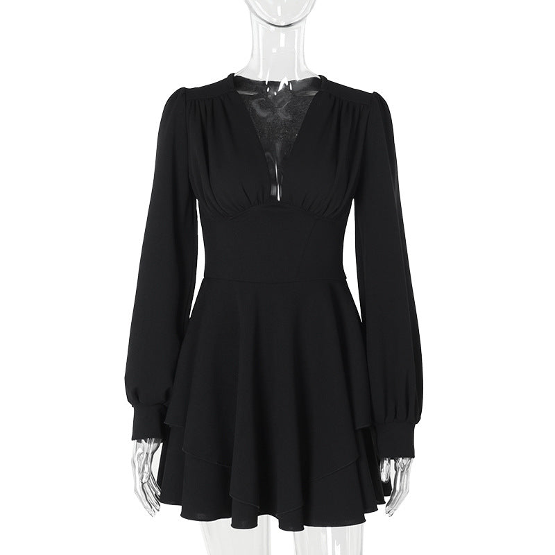 Fall Type Hip Dress Graceful Slim V neck Pleated