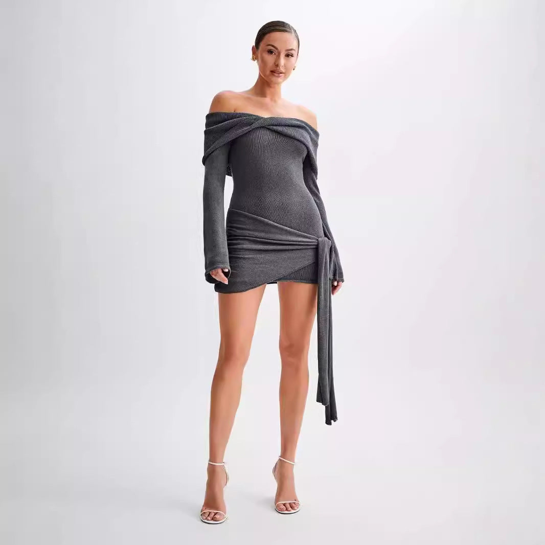 Waist Sidony Knot Off Shoulder Knitted Mini Dress