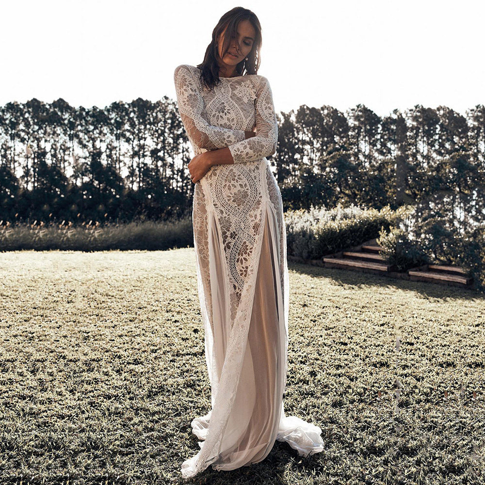 Spring Women Clothing Dress round Neck Extended Sleeve Hollow Out Cutout Backless Lace Ladies Cocktail Wedding Dress