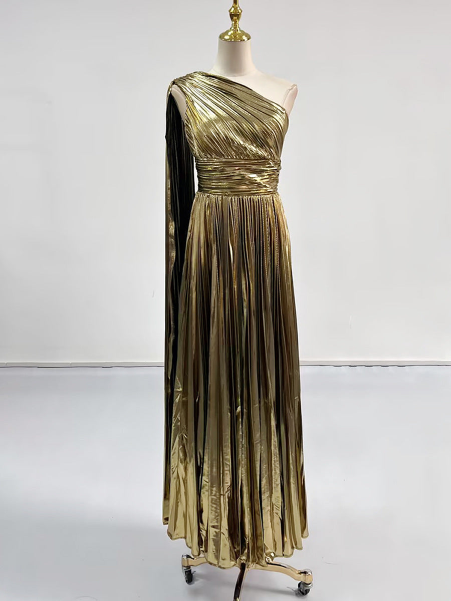 Graceful Retro Pleated Dress Summer Sexy Sloping Shoulder Backless Sleeveless Maxi Dress Women