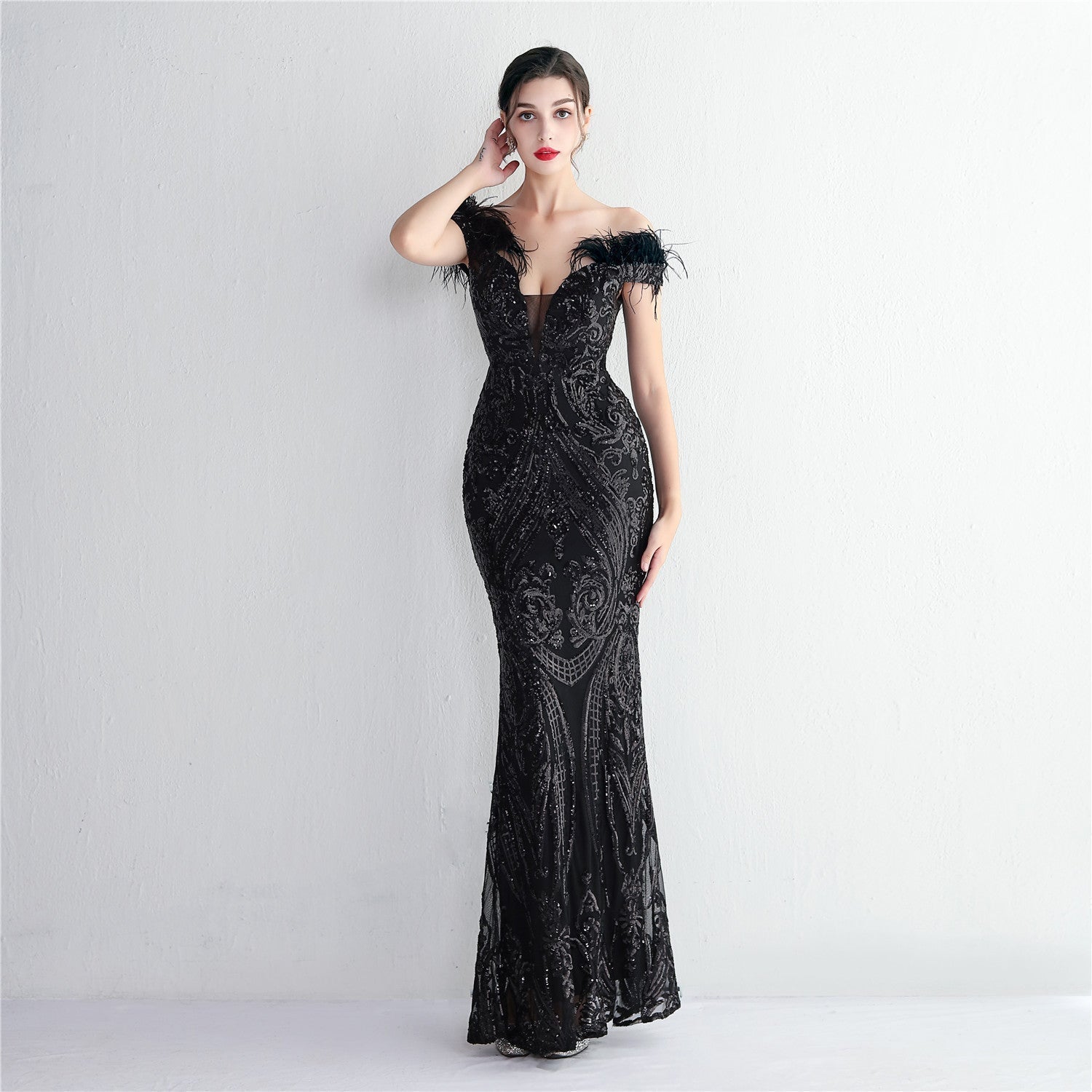 High Density Three Dimensional Strong Sequin Positioning Botanical Craft Handmade Wool Cocktail Slim Fit Evening Dress