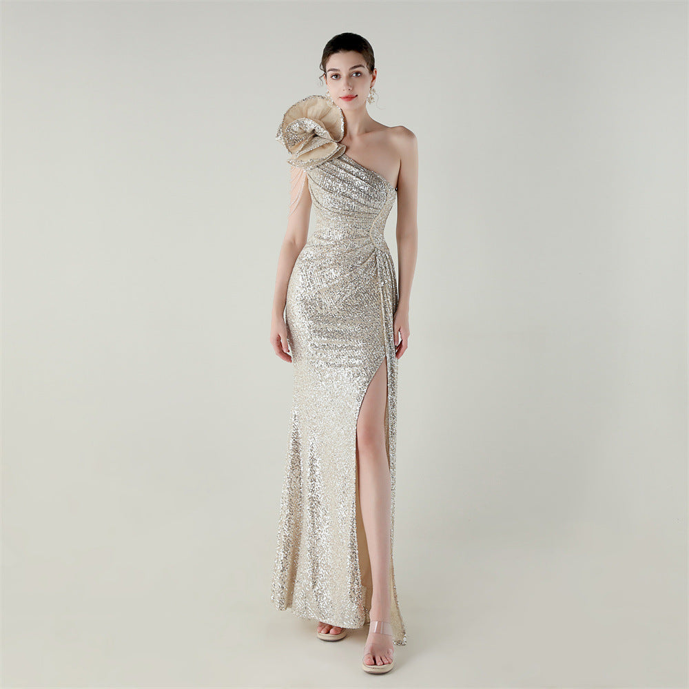 Craft Flower Beaded One Shoulder Diagonal Collar Fishtail Evening Dress Dinner Wedding Awards Ceremony Social Dress