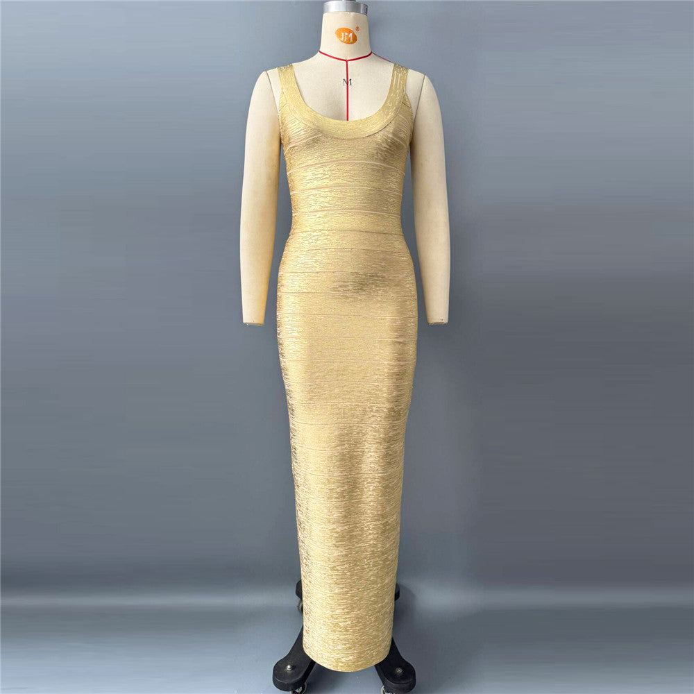 U Neck Sleeveless Bronzing Bandage One Piece Dress Party Dinner Dress Slim Fit Maxi Dress