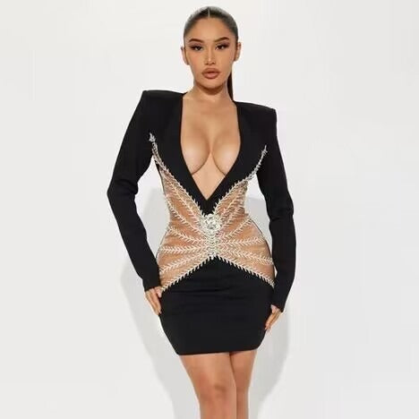 Rhinestones Graceful Tassel V neck Bandage Dress