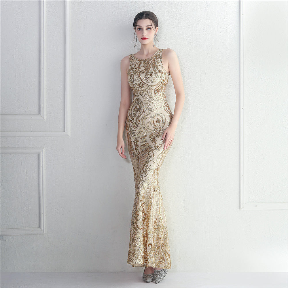 Bare Back Beaded Craft Sequined Embroidery Stage Concert Car Model Cocktail Wedding Ceremony Extended Evening Dress