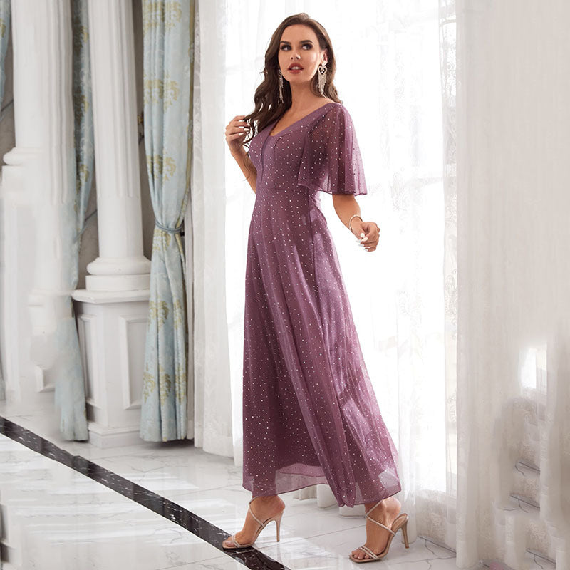 Dress Evening V neck Ruffle Bridesmaid Performance Party Dress