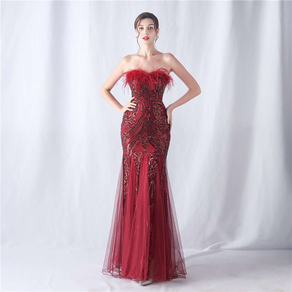 Ostrich Feather Positioning Flower Cutting Wedding Annual Meeting Tube Top Sequin Gauze Evening Dress