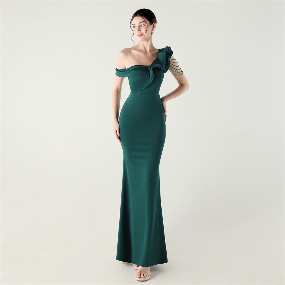 Ruffled One Shouldered Heavy Industry Beads String Slim Fit Satin Fishtail Evening Dress Wedding Red Carpet Cocktail Dress