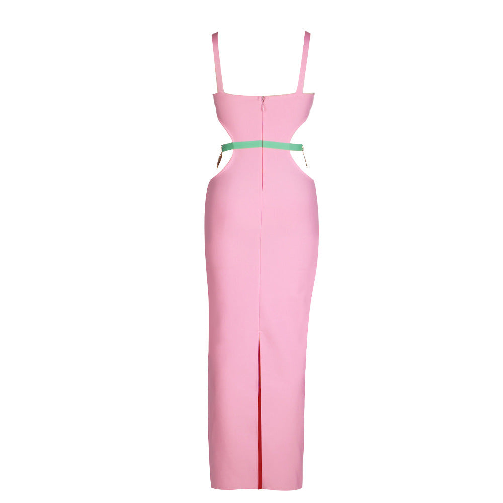 Alloy Ornament Hollow Out Cutout Backless Split Bandage Maxi Dress