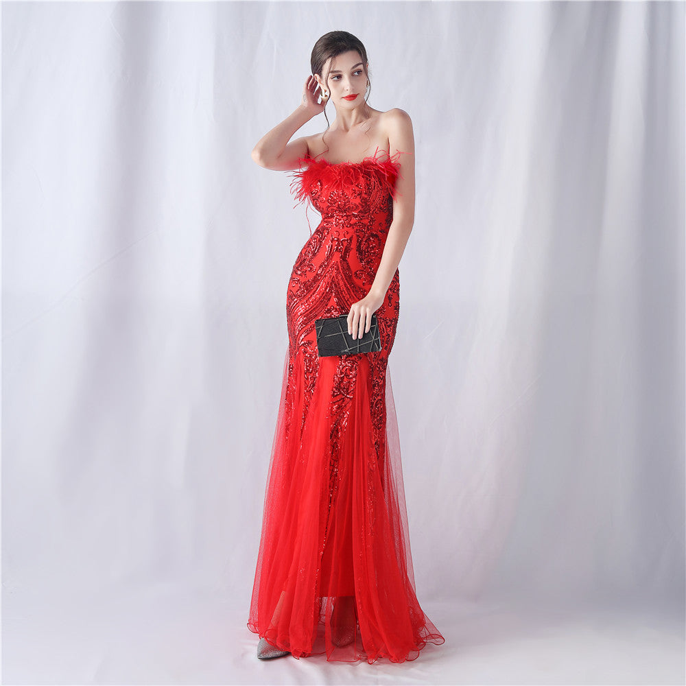 Ostrich Feather Positioning Flower Cutting Wedding Annual Meeting Tube Top Sequin Gauze Evening Dress