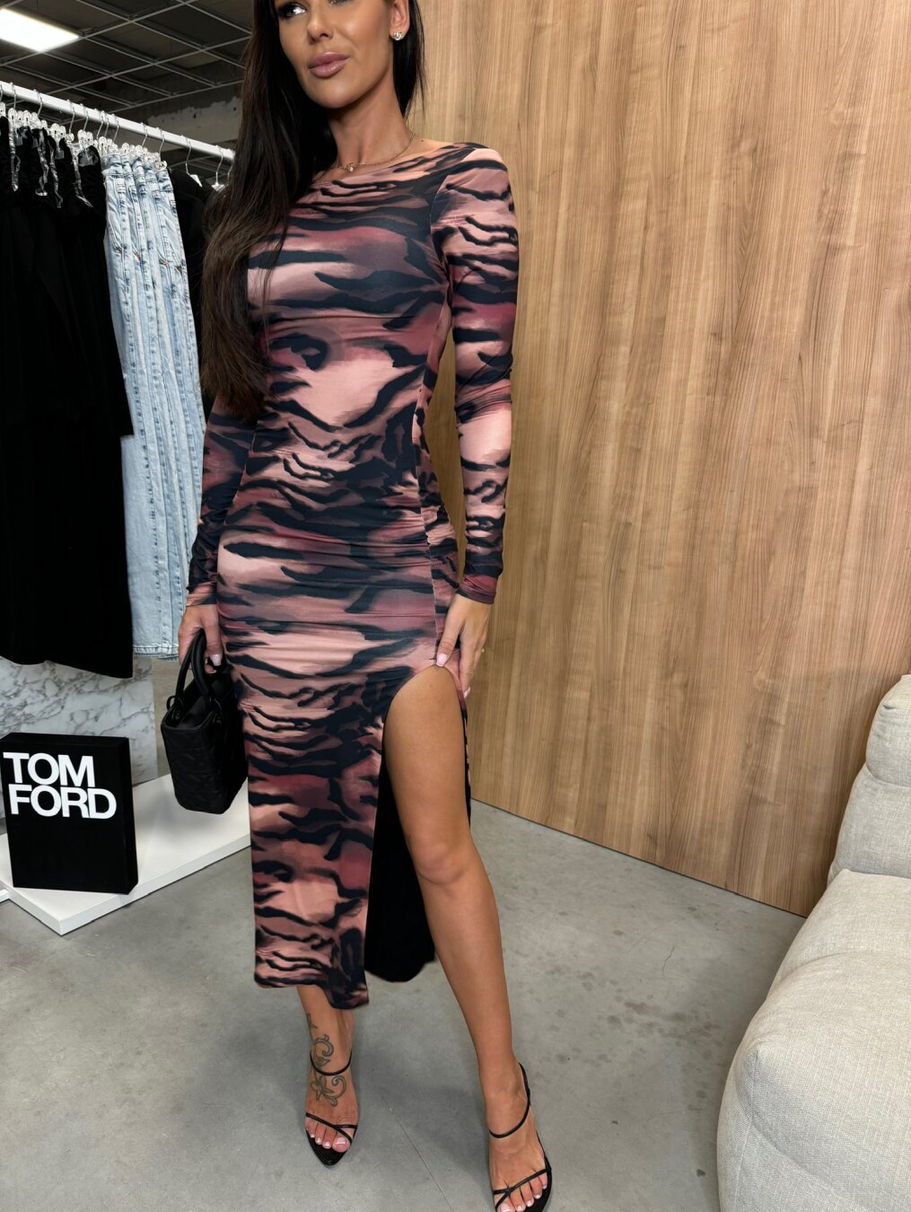 Slim round Neck Botanical Print Slit Long Sleeve Dress Mid Length Hip Dress