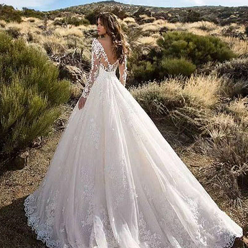 Women Clothing Dress Extended Sleeve Solid Color See through Lace Bridal Wedding Dress