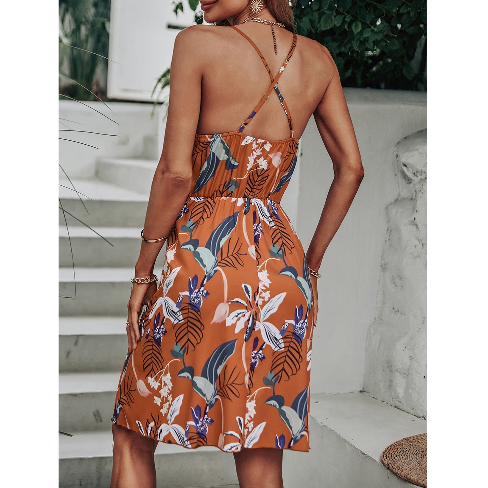 Marble Cosmo Print Satin Slip Midi Dress Chocolate