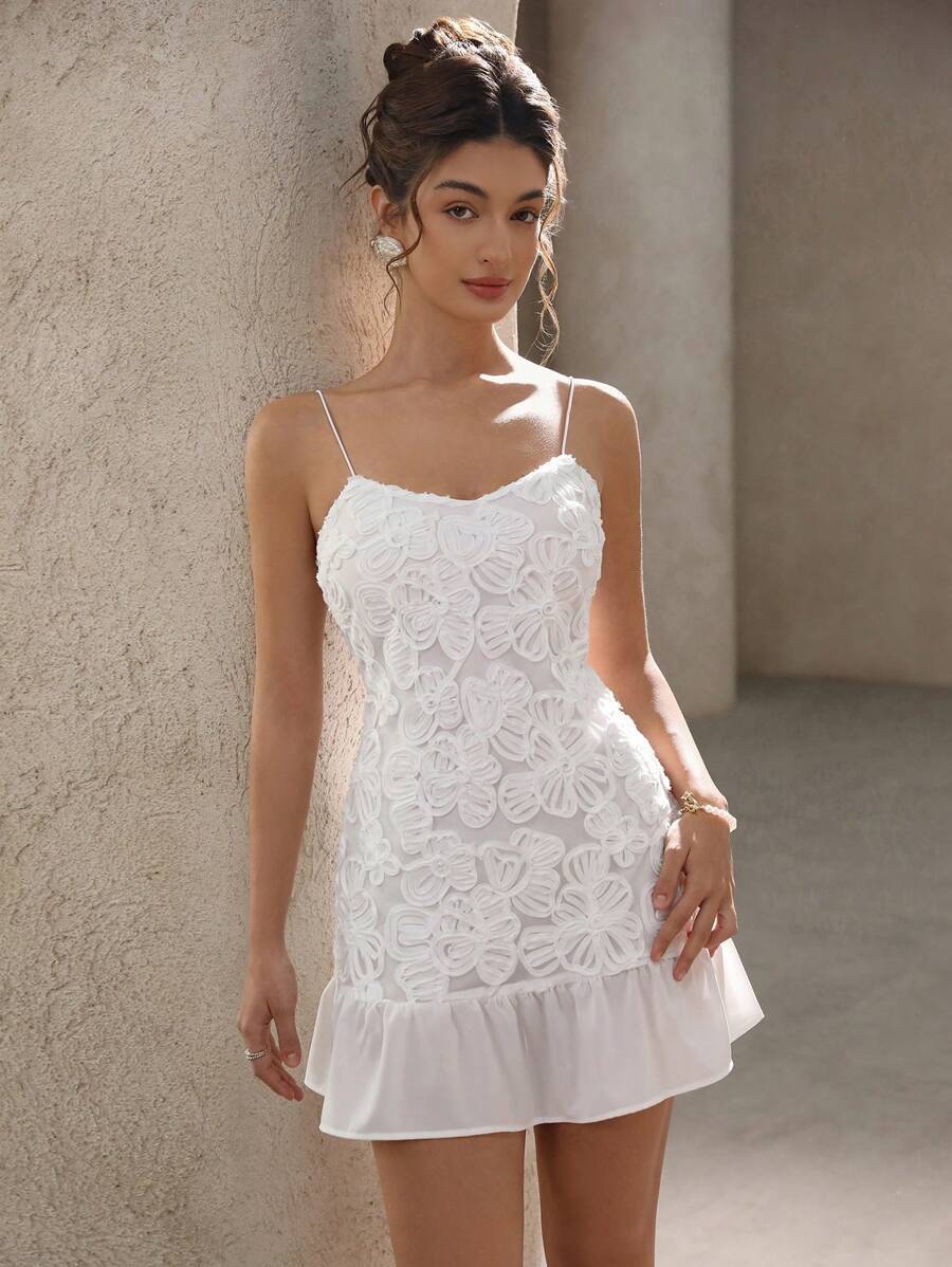 Zoe Aesthetic Women's Flower Design Mini Dress with Spaghetti Straps and Ruffle Hem Elevated Occasion Wear