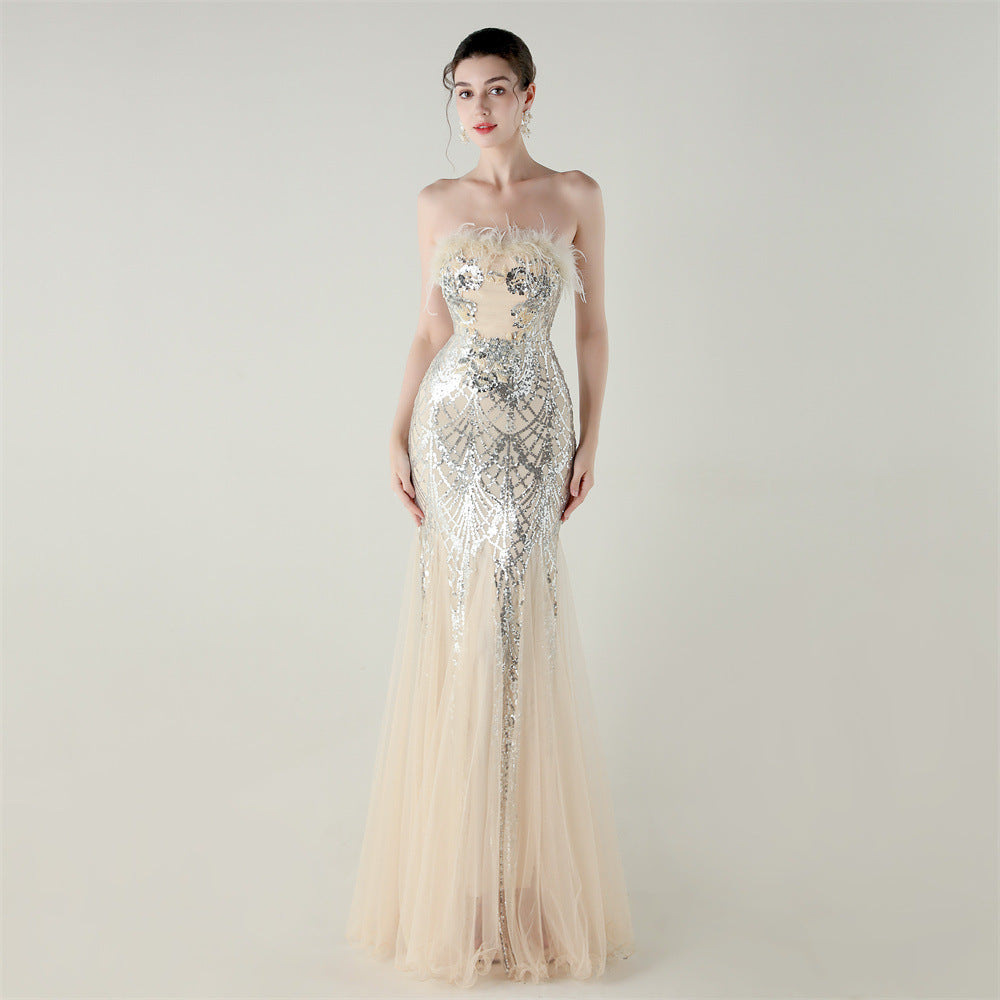Sequin Beaded Tube Flower Ostrich Feather Tube Top Cross Strap Mesh Fishtail Evening Dress Cocktail Wedding