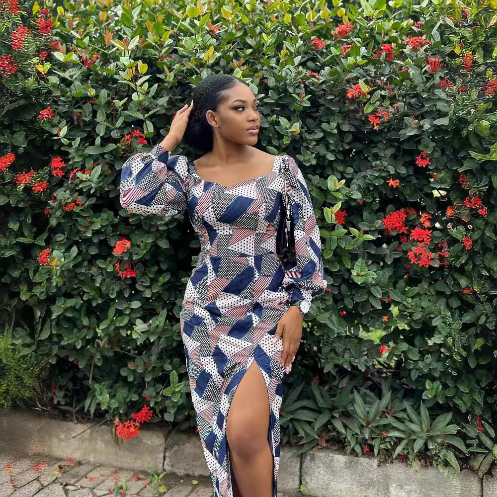 Printed Blue Plaid Simple Long Sleeve Slit Dress
