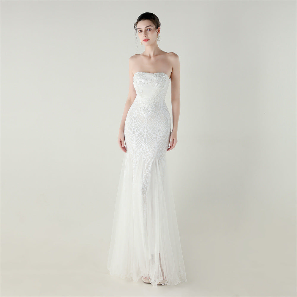 Tube Top Cross Strap Beaded Tube Flower Sequin Mesh Evening Dress Cocktail Wedding Social Elegant Clothing