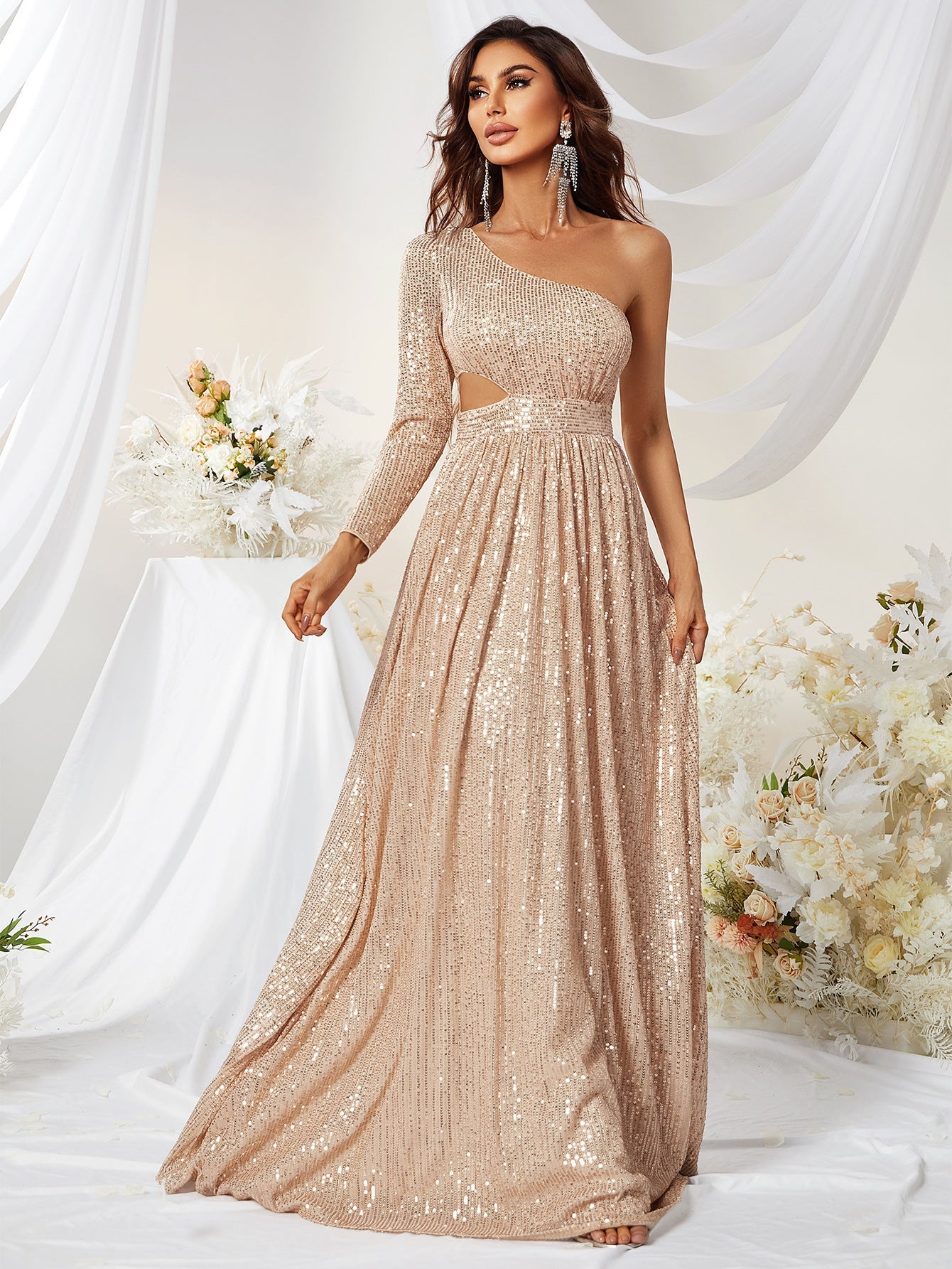Sequined One Sleeve Side Waist Hollow Out Cutout Out Prom Evening Dress Fishtail Graceful Dress