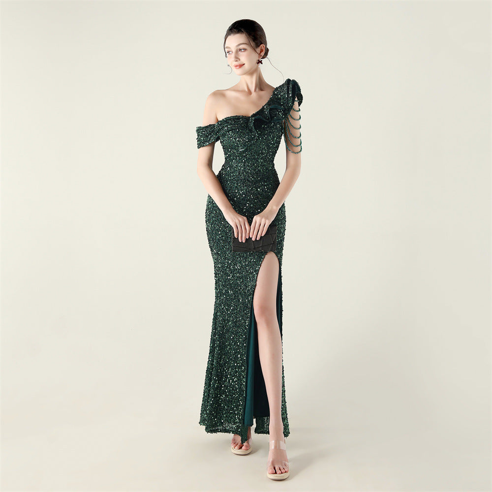One Shouldered Pleated Ruffled Embellished Beaded Chain Sequined Evening Dress Cocktail Wedding Red Carpet