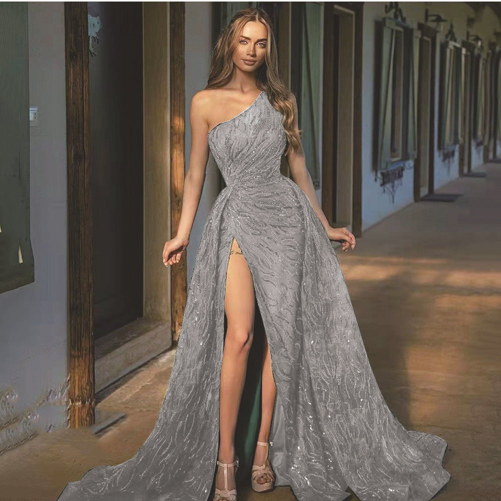 Shoulder off Split Maxi Dress Toast Dress Sequin Sling Evening Dress