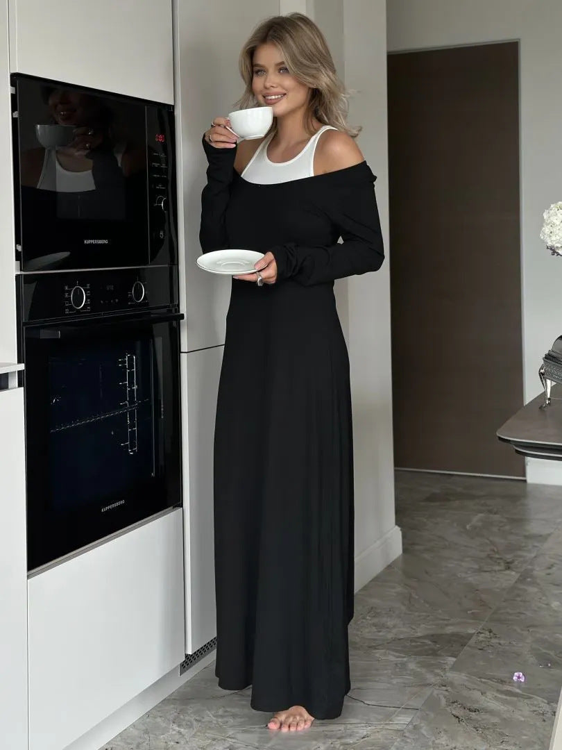 Sleeve Long Stitching Faux Two Piece Vest Dress