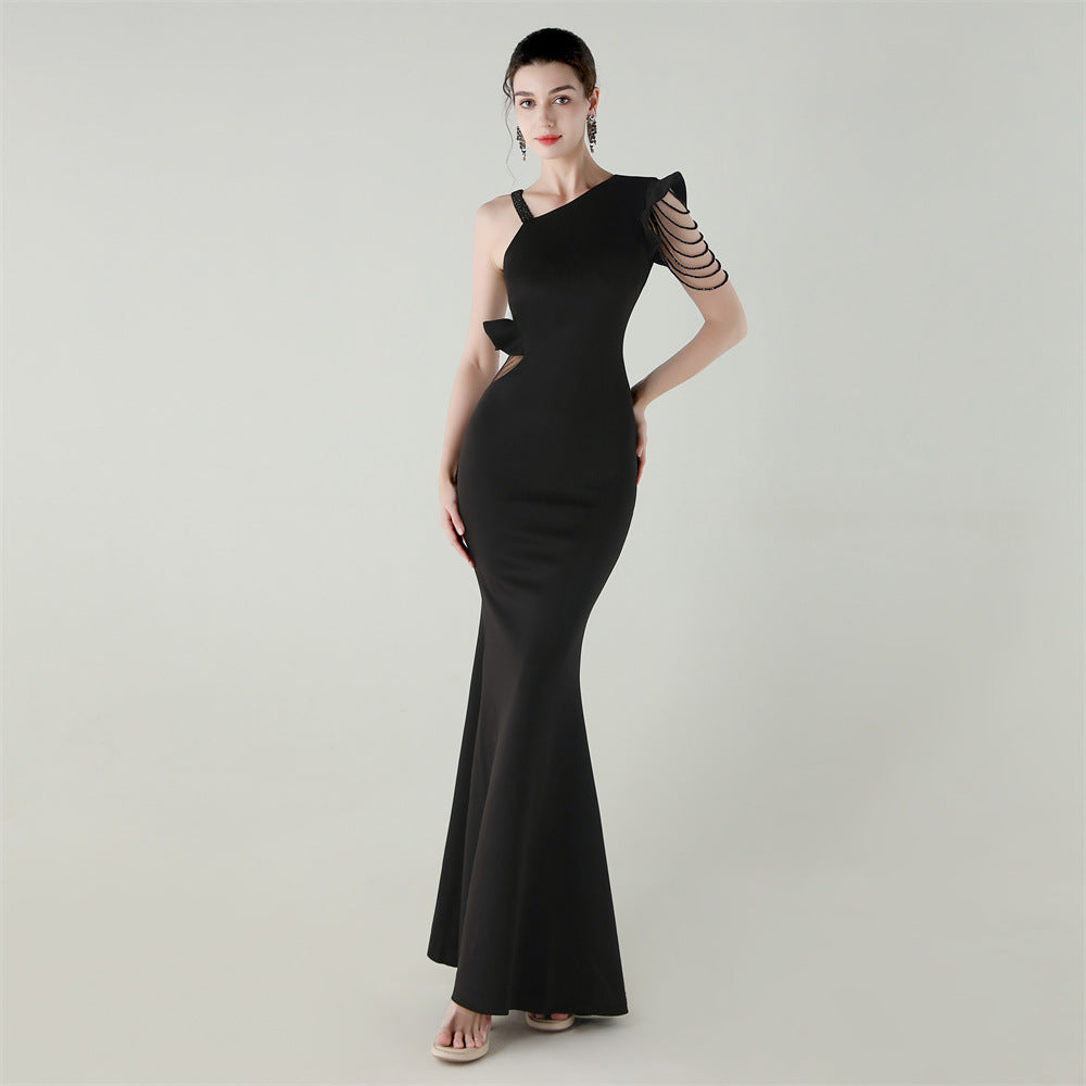 Satin Single Shouldered Beaded Fishtail Slim Fit Evening Dress Cocktail Wedding Cut out Ruffled Bottoming Dress