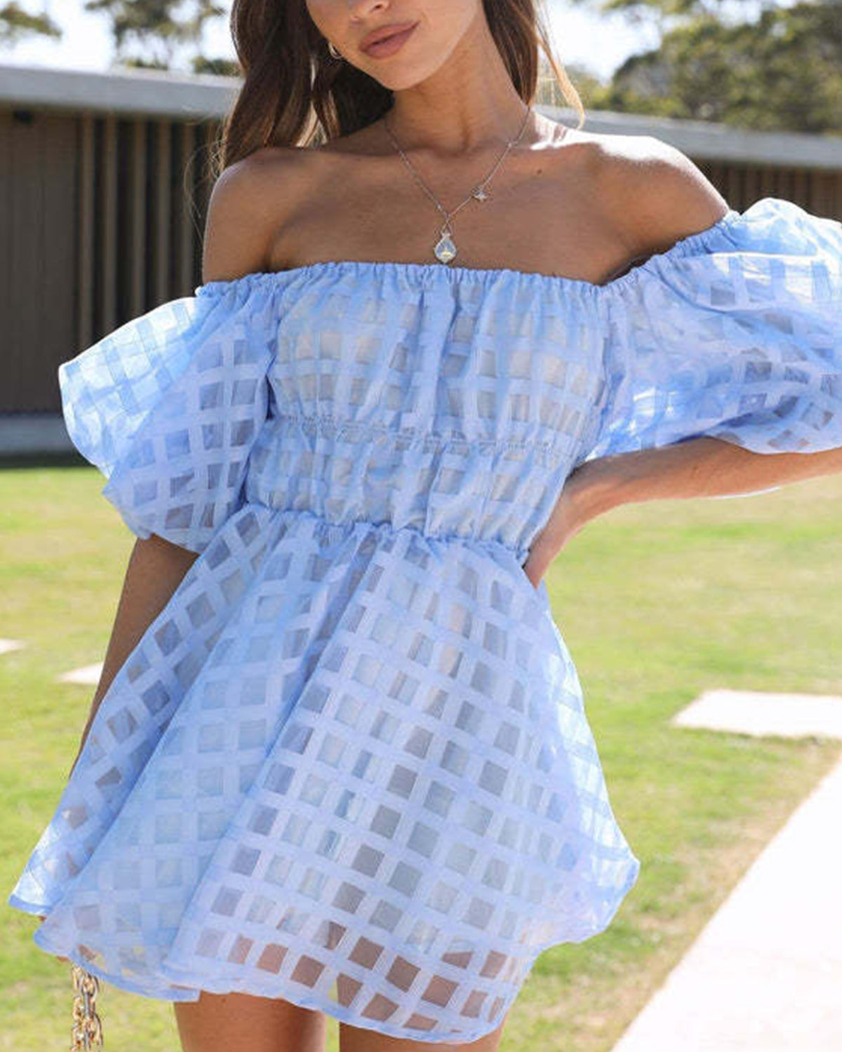 Boutique Diana Mini Dress with Puff Sleeves and a Checked Pattern Chic Silhouette Collection