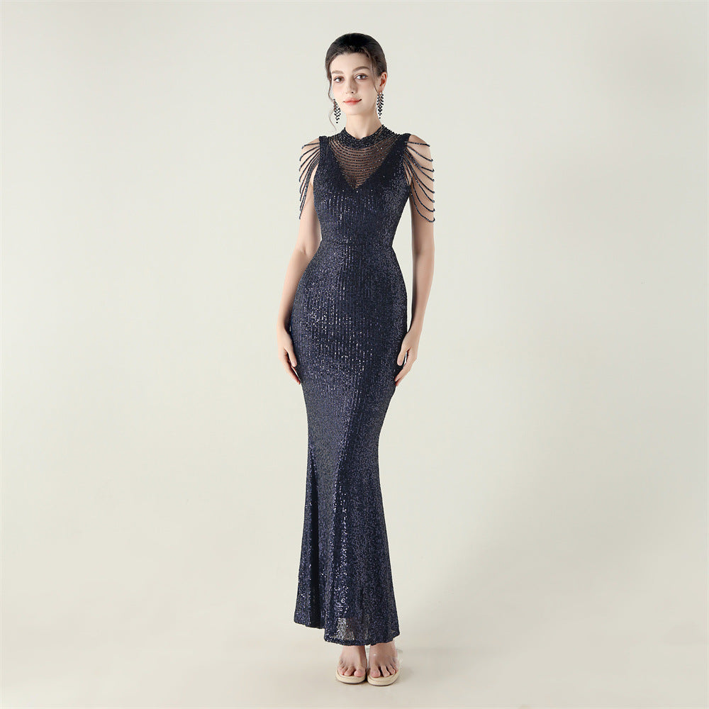 High Neck Fishtail Evening Dress Pearl Embroidery Sequined Crystal Diamond Decorations Red Carpet Wedding Cocktail Dress
