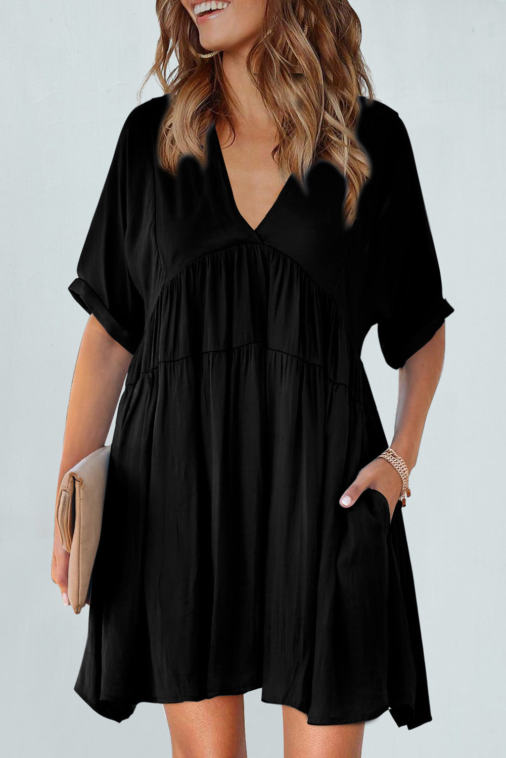 Cotton Oatland Pocketed Babydoll Dress Washed Black