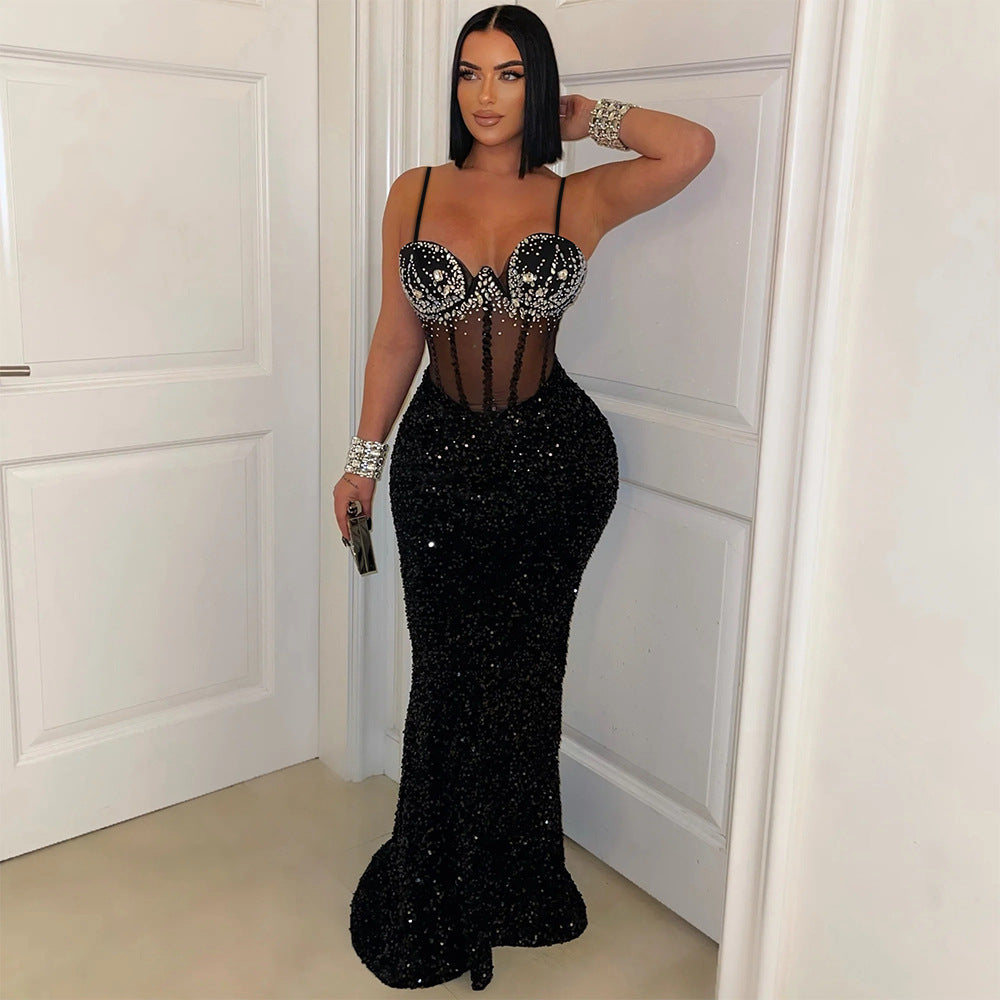 Sequined Velvet Party Dress Dress Rhinestone Strap Dress Sheath