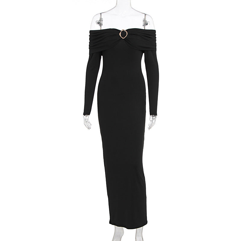Women Clothing Fall Chic Tube Top off Neck Solid Color Midi Dress
